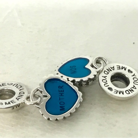 Pandora 2pc Mother Son Blue Enamel Sterling Silver Heart Dangle Charms S… - Picture 3 of 4